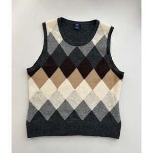 Y2K Gap Womens Argyle Sweater Vest 100% Lambswool Gray Tan XL